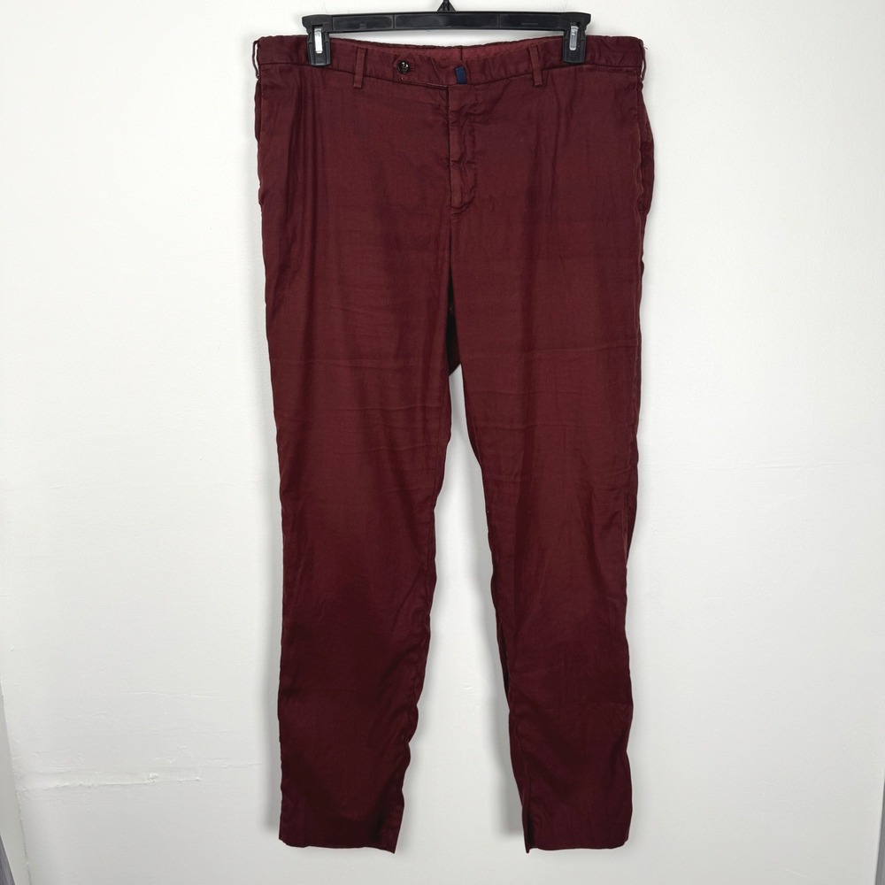Incotex Chinolino Stretch Trousers Mens 38 Burgundy Linen Cotton Modern Fit Pant